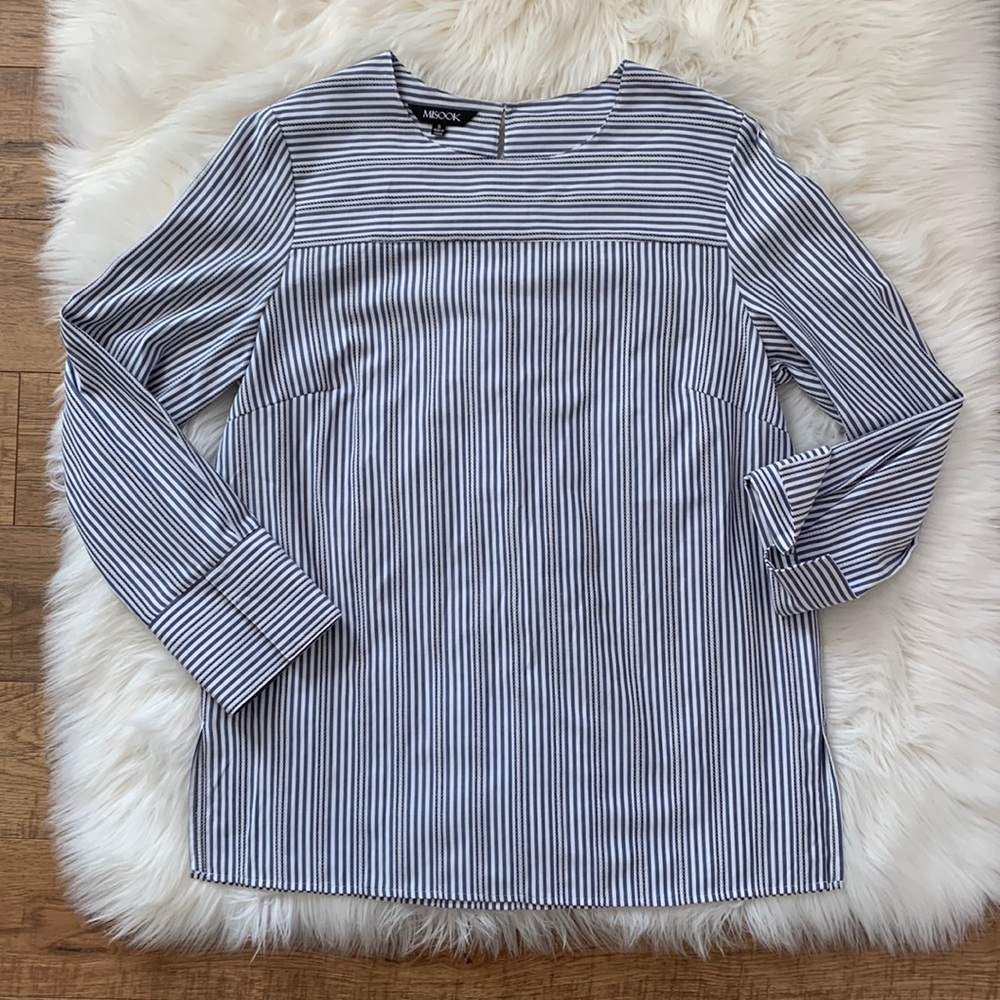 Misook Blue White Stripe Embroidered Long Sleeve Tunic Top Blouse Womens Small
